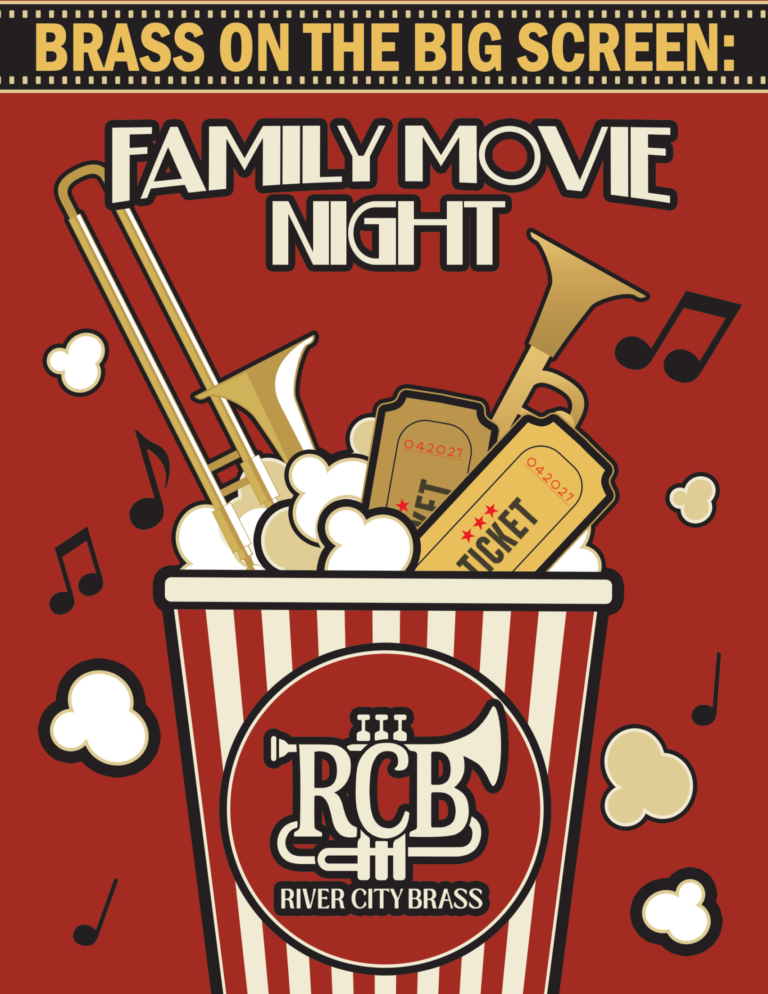 popcorn bucket with tickets, brass instruments, and popcorn sticking out, surrounded by music notes and popcorn