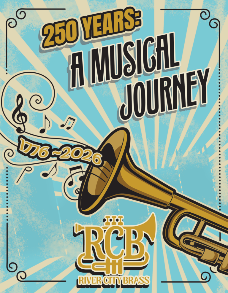 clip art trumpet playing notes and the dates 1776-2026 and the RCB logo