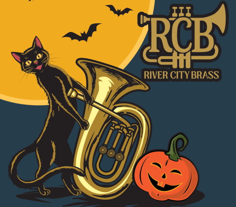 spooktacular brass image with black cat tuba and jack o lantern